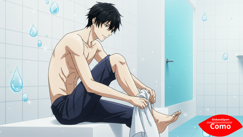 Personagem estilo anime sentado(a) em um banco, secando cuidadosamente os pés com uma toalha branca. Fundo com azulejos de banheiro e ícones animados de gotinhas evaporando. Estilo clean e anatômico.