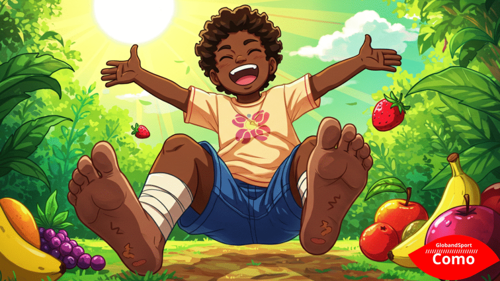 Personagem estilo anime com aura saudável, com frutas ao redor e pés sorrindo com curativos fofos. Ao fundo, um sol brilhante e plantas verdes. Estilo vibrante e positivo.