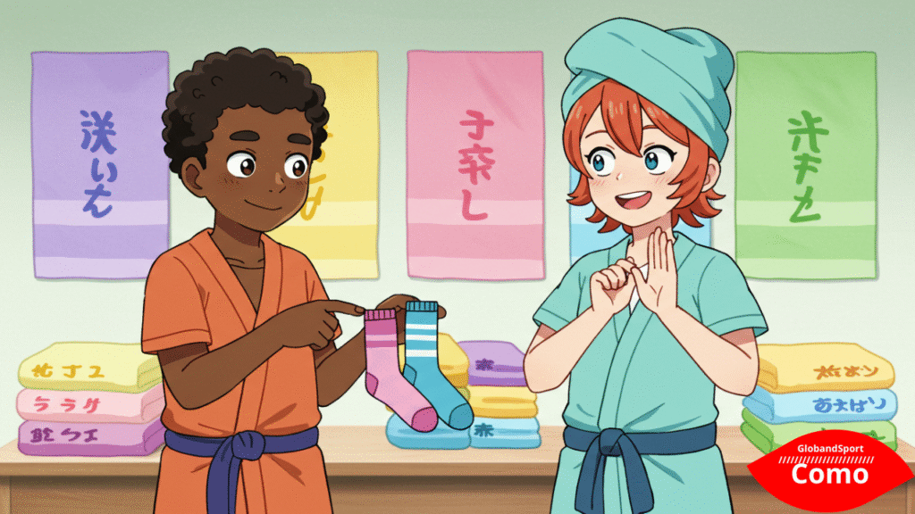 Cena estilo anime com dois personagens: um oferecendo um par de meias e o outro recusando educadamente com um sorriso e gesto de 'não'. Ao fundo, cada um com sua toalha colorida marcada com nome. Estilo educativo e amigável