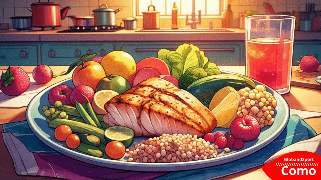 um prato de comida super saudavel com salmos e legumes e um copo de suco