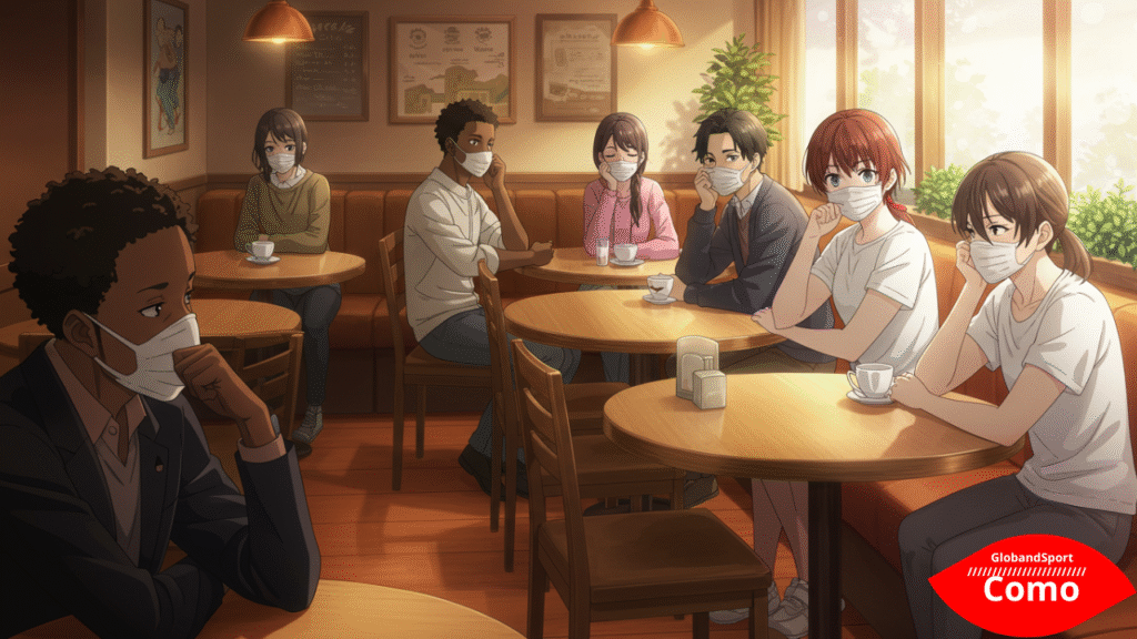 Cena de café interior estilo anime com algumas pessoas usando máscaras, uma pessoa espirrando em seu cotovelo, mesas espaçadas, iluminação interna quente