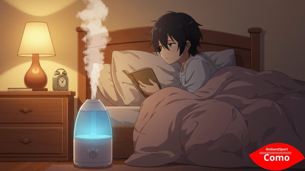 Quarto acolhedor em estilo anime com um pequeno umidificador liberando vapor, personagem tranquilo lendo um livro nas proximidades, vapor visível, cores pastel quentes