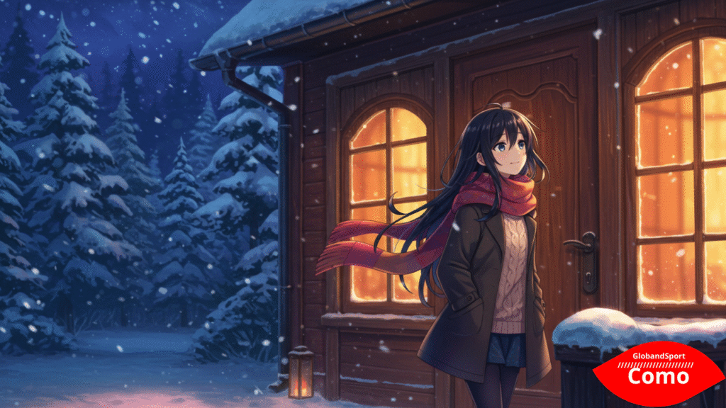 Personagem de estilo anime saindo de uma casa quente em um ambiente com neve, vestindo roupas em camadas, lenço voando no vento, tons de cores frias