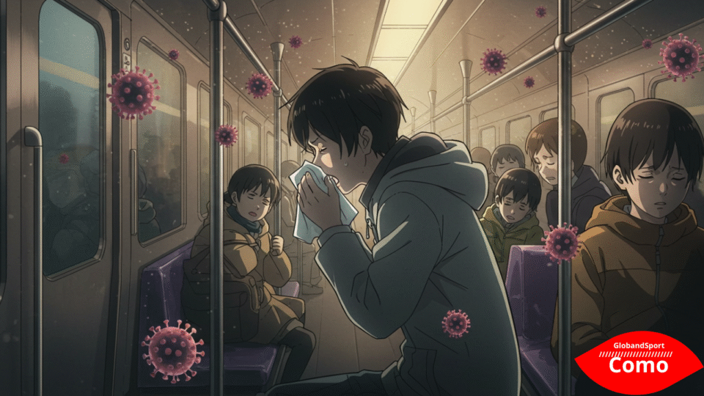Ilustração em estilo anime de uma pessoa espirrando em um trem lotado, cercado por partículas de vírus flutuantes no ar, com cores suaves e leve efeito de brilho para representar a propagação da infecção
