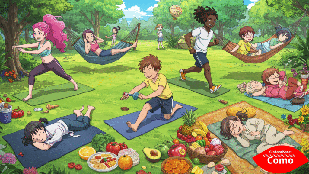 Anime-estilo grupo de diversos personagens exercitando ao ar livre, comer alimentos saudáveis e dormir em paz, cores vibrantes, atmosfera alegre