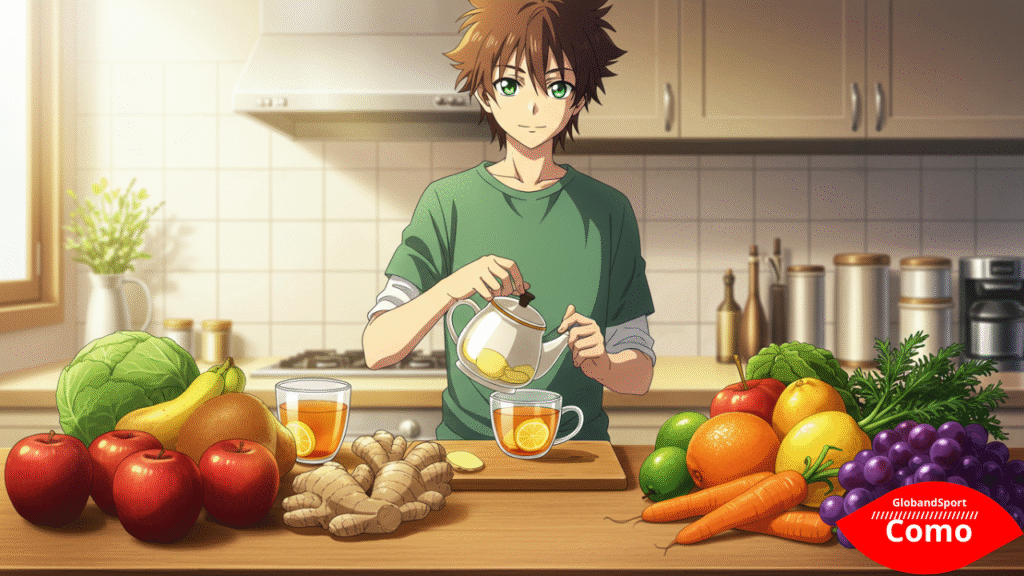 Cena de cozinha em estilo anime com frutas e legumes coloridos na mesa, personagem preparando chá com gengibre e limão, iluminação quente e atmosfera acolhedora