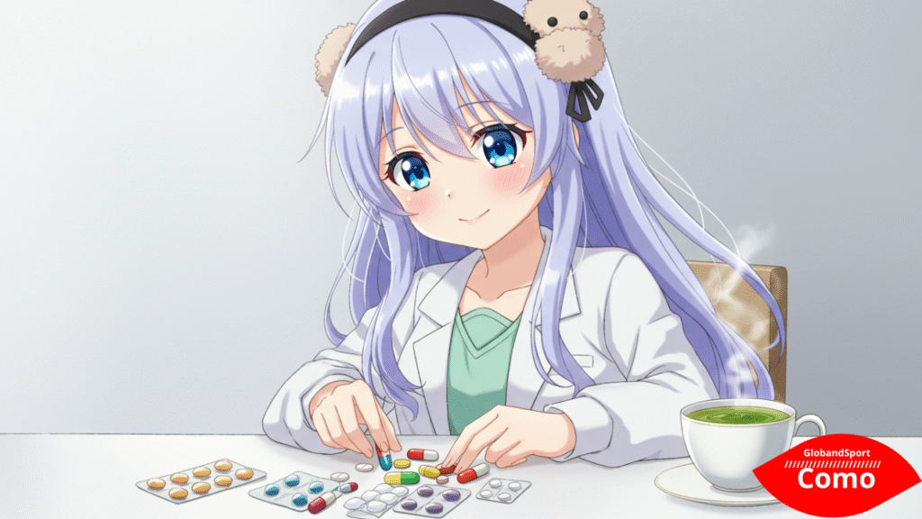 Menina anime organizando comprimidos e cápsulas coloridas sobre uma mesa, ao lado de chá verde fumegante. Estilo anime médico-naturalista com toque kawaii e fundo minimalista