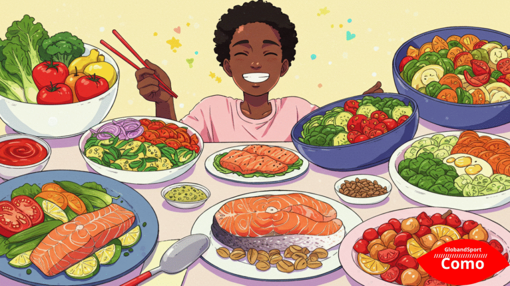 Mesa com pratos coloridos cheios de vegetais, salmão, frutas e castanhas. Pessoa sorrindo comendo salada. Estilo anime alegre e cores vibrantes